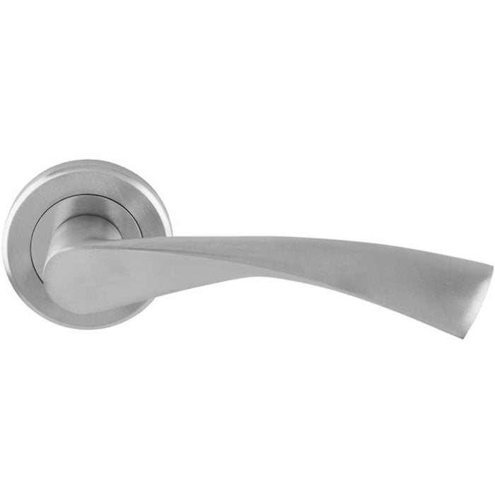 PAIR Angular Twisted Door Handle On Round Rose Concealed Fix Satin Chrome