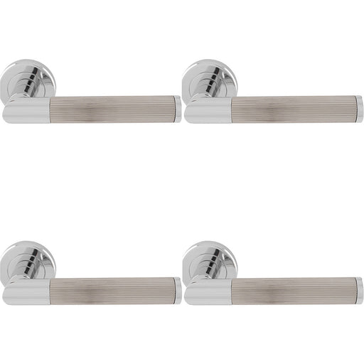 4 PACK Premium Reeded Lined Door Handle Set Chrome & Nickel Designer Round Rose