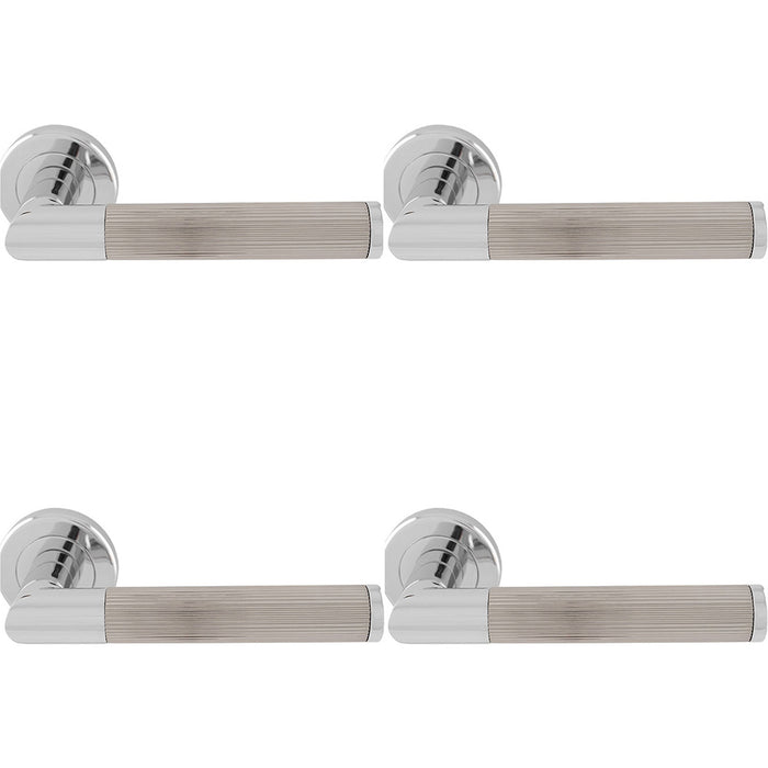 4 PACK Premium Reeded Lined Door Handle Set Chrome & Nickel Designer Round Rose