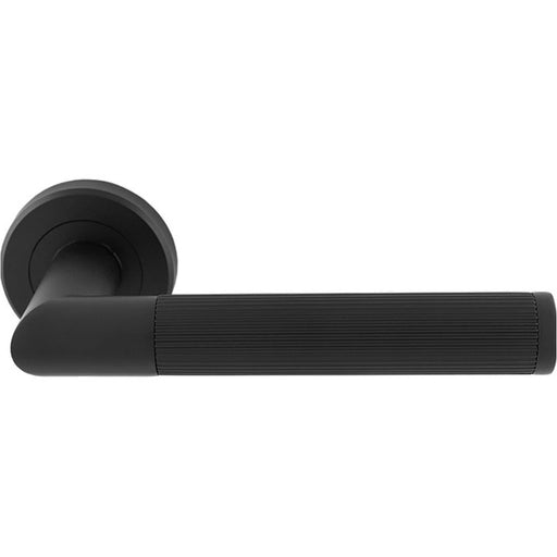 Premium Reeded Lined Door Handle Set - Matt Black Designer Lever Round Rose