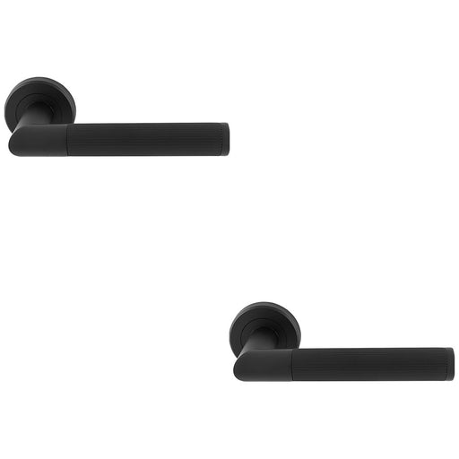 2 PACK Premium Reeded Lined Door Handle Set Matt Black Designer Lever Round Rose