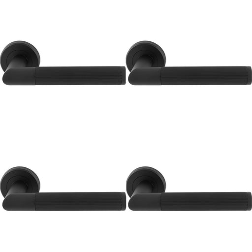 4 PACK Premium Reeded Lined Door Handle Set Matt Black Designer Lever Round Rose