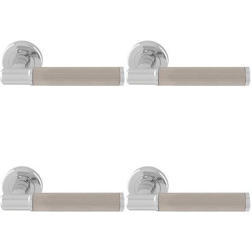 4 PACK Premium Reeded Lines Door Handle Set Chrome & Nickel Designer Round Rose