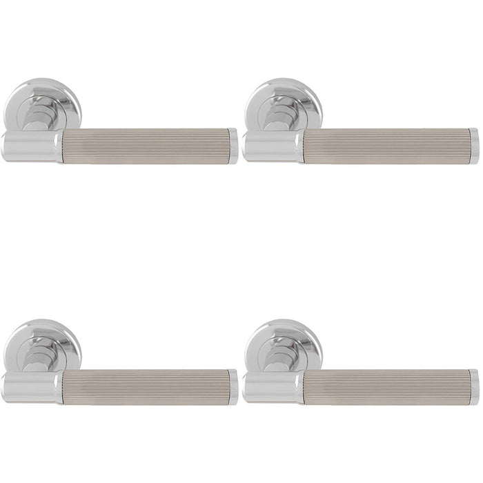 4 PACK Premium Reeded Lines Door Handle Set Chrome & Nickel Designer Round Rose