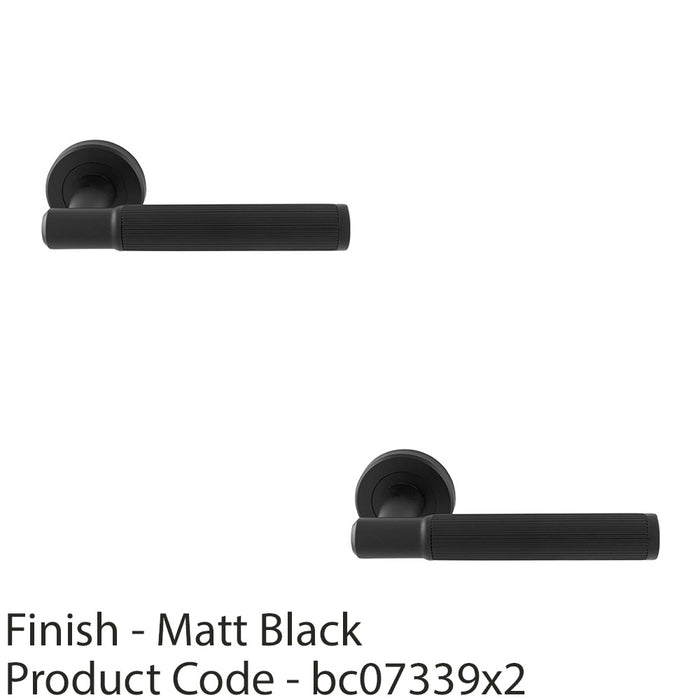 2 PACK Premium Reeded Lines Door Handle Set Matt Black Designer Lever Round Rose 1