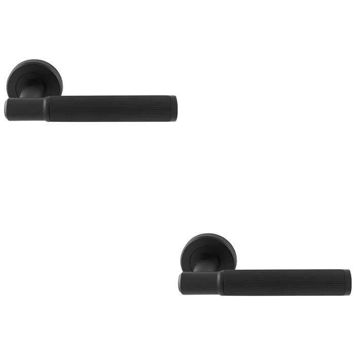 2 PACK Premium Reeded Lines Door Handle Set Matt Black Designer Lever Round Rose