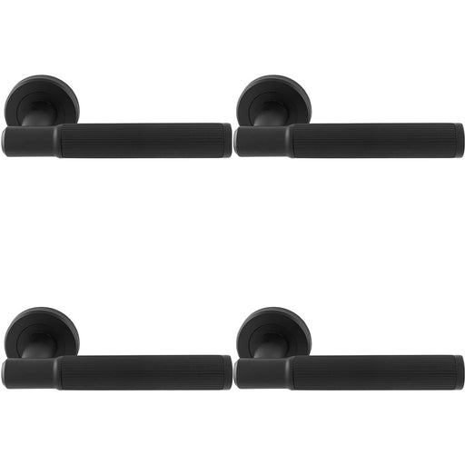 4 PACK Premium Reeded Lines Door Handle Set Matt Black Designer Lever Round Rose