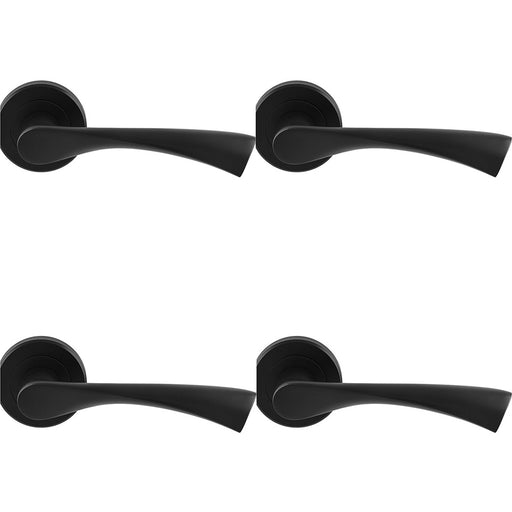 4x PAIR Matt Black Door Handle Angular Twisted Lever On Round Rose Concealed Fix