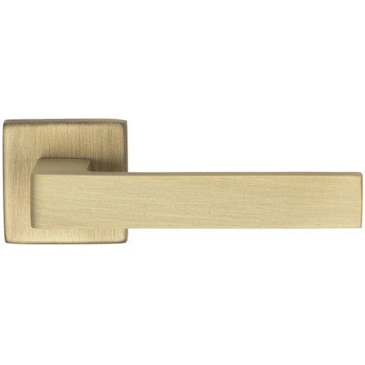 Contemporary Flat Door Handle Set - Antique Brass Sleek Lever On Square Rose