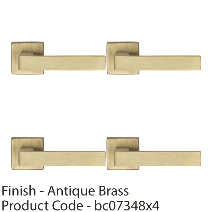 4 PACK Contemporary Flat Door Handle Set Antique Brass Sleek Lever Square Rose 1