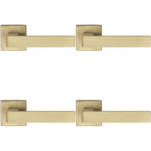 4 PACK Contemporary Flat Door Handle Set Antique Brass Sleek Lever Square Rose