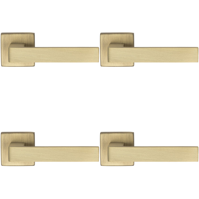 4 PACK Contemporary Flat Door Handle Set Antique Brass Sleek Lever Square Rose