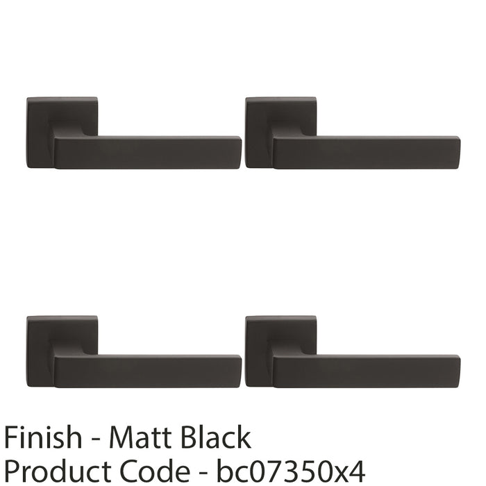 4 PACK Contemporary Flat Door Handle Set Matt Black Sleek Lever On Square Rose 1