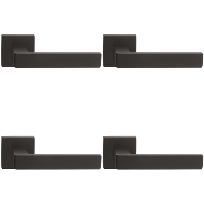 4 PACK Contemporary Flat Door Handle Set Matt Black Sleek Lever On Square Rose