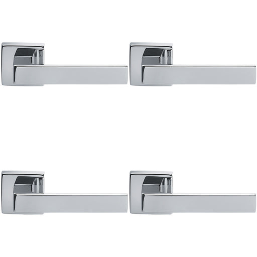 4 PACK Contemporary Flat Door Handle Set Polished Chrome Sleek Lever Square Rose