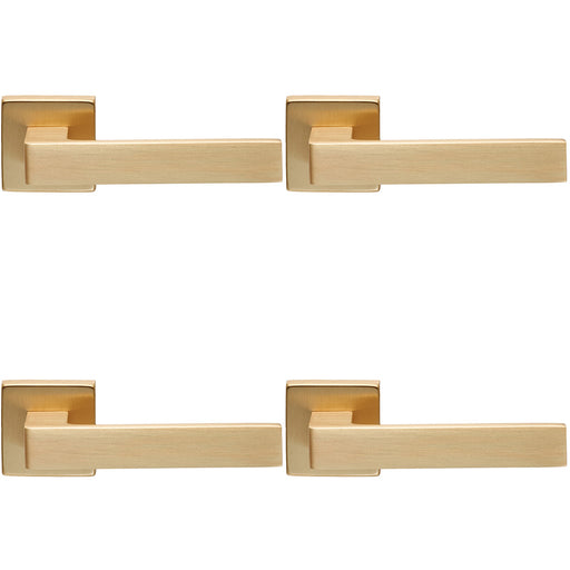 4 PACK Contemporary Flat Door Handle Set Satin Brass Sleek Lever On Square Rose