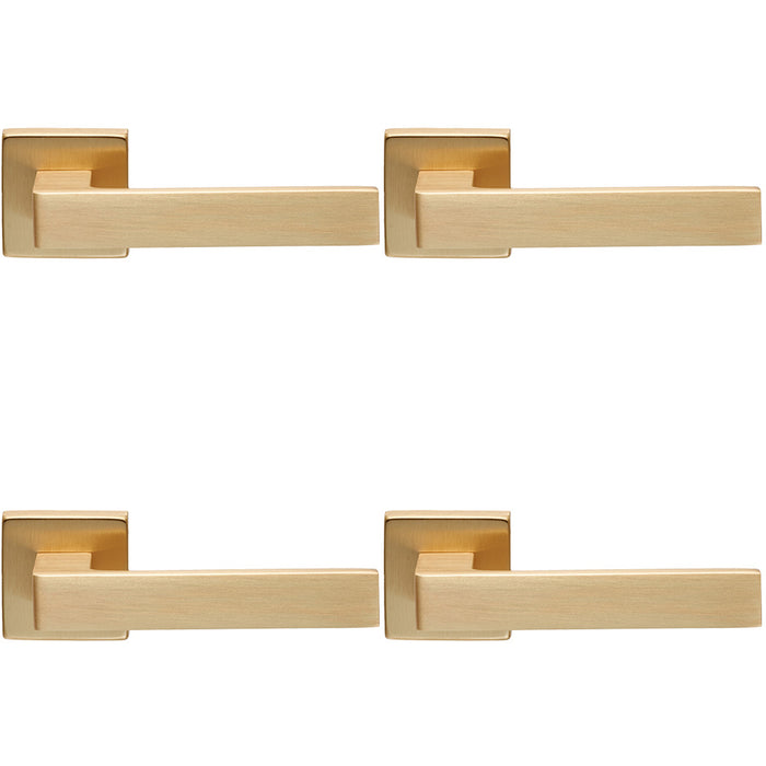 4 PACK Contemporary Flat Door Handle Set Satin Brass Sleek Lever On Square Rose