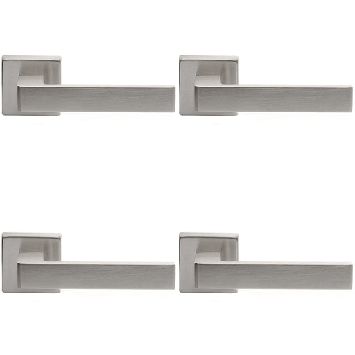 4 PACK Contemporary Flat Door Handle Set Satin Chrome Sleek Lever On Square Rose