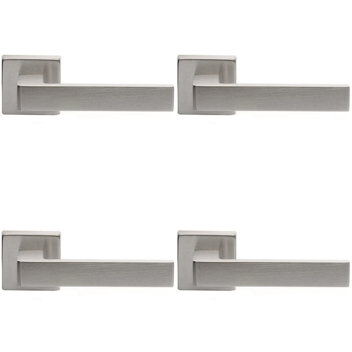 4 PACK Contemporary Flat Door Handle Set Satin Chrome Sleek Lever On Square Rose