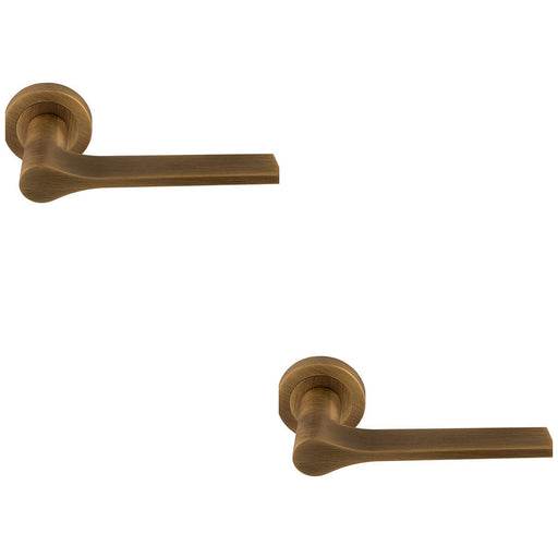 2 PACK Contemporary Flat Door Handle Set Antique Brass Sleek Lever On Round Rose