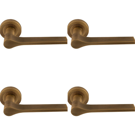 4 PACK Contemporary Flat Door Handle Set Antique Brass Sleek Lever On Round Rose