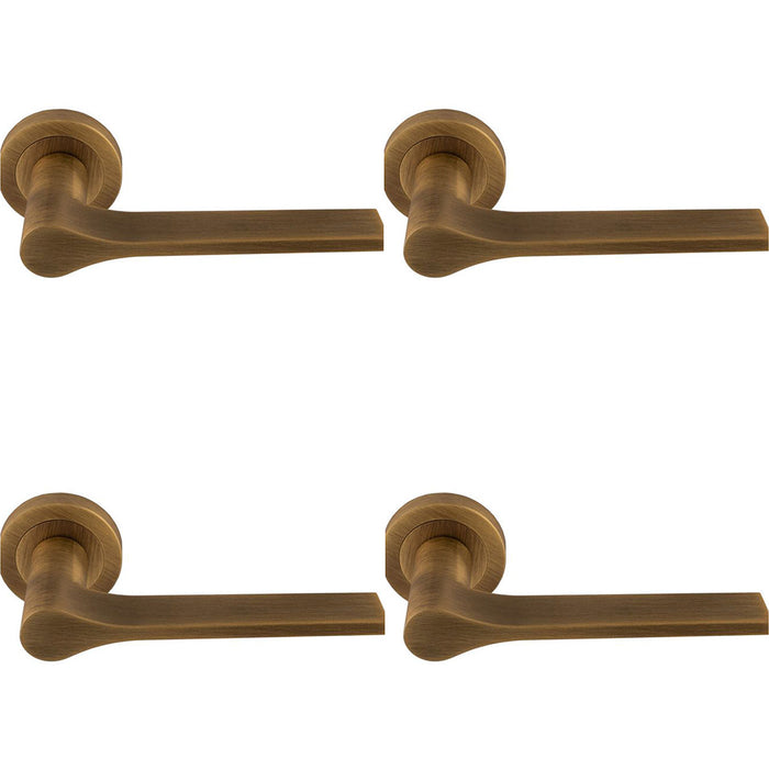 4 PACK Contemporary Flat Door Handle Set Antique Brass Sleek Lever On Round Rose