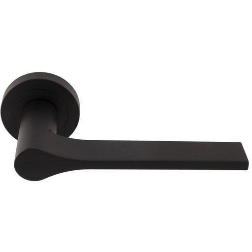 Contemporary Flat Door Handle Set - Matt Black Sleek Lever On Round Rose