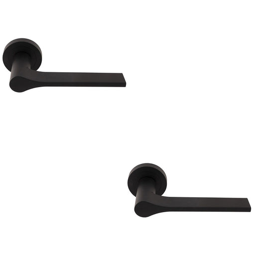 2 PACK Contemporary Flat Door Handle Set Matt Black Sleek Lever On Round Rose