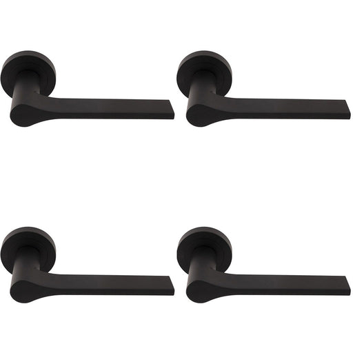 4 PACK Contemporary Flat Door Handle Set Matt Black Sleek Lever On Round Rose