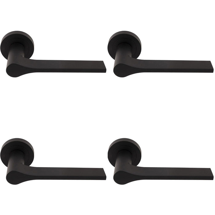 4 PACK Contemporary Flat Door Handle Set Matt Black Sleek Lever On Round Rose