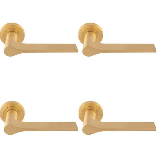 4 PACK Contemporary Flat Door Handle Set Satin Brass Sleek Lever On Round Rose