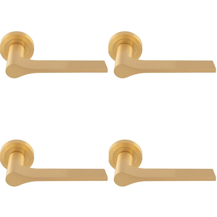 4 PACK Contemporary Flat Door Handle Set Satin Brass Sleek Lever On Round Rose