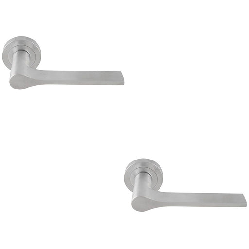 2 PACK Contemporary Flat Door Handle Set Satin Chrome Sleek Lever On Round Rose