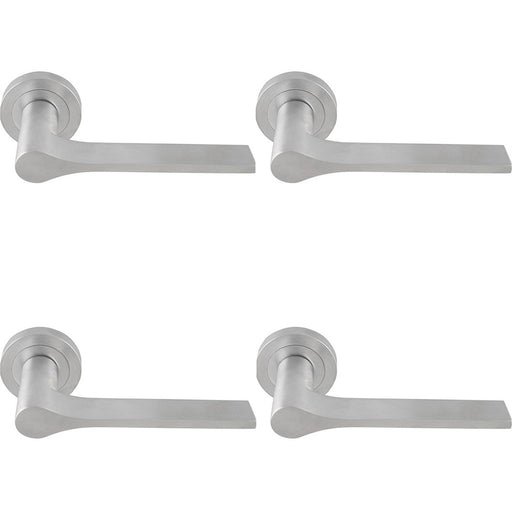 4 PACK Contemporary Flat Door Handle Set Satin Chrome Sleek Lever On Round Rose