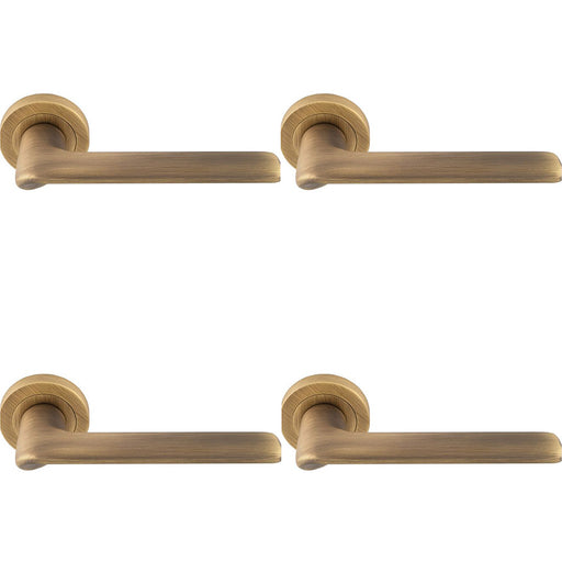 4 PACK Contemporary Flat Door Handle Set Antique Brass Smooth Lever Round Rose