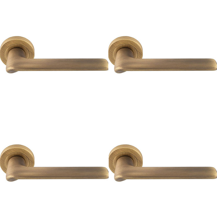 4 PACK Contemporary Flat Door Handle Set Antique Brass Smooth Lever Round Rose