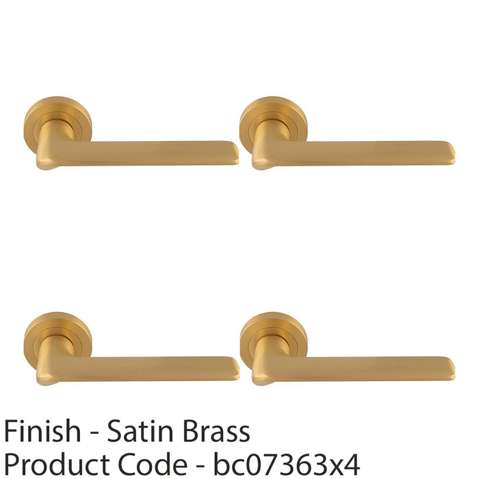 4 PACK Contemporary Flat Door Handle Set Satin Brass Smooth Lever On Round Rose 1