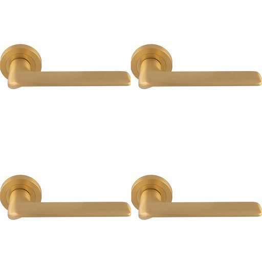 4 PACK Contemporary Flat Door Handle Set Satin Brass Smooth Lever On Round Rose