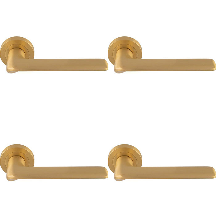 4 PACK Contemporary Flat Door Handle Set Satin Brass Smooth Lever On Round Rose