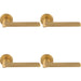 4 PACK Contemporary Flat Door Handle Set Satin Brass Smooth Lever On Round Rose