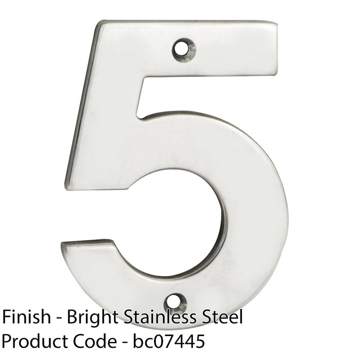 Polished Steel Door Number 5 - 100mm Height 5mm Depth House Numeral Plaque Sign 1