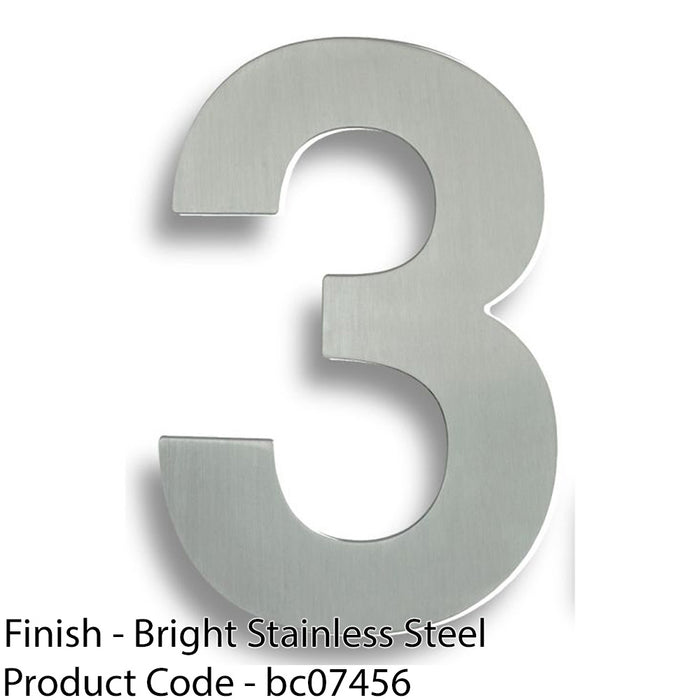 Polished Steel Door Number 3 - Large 178mm Height House Numeral Plaque Sign 1