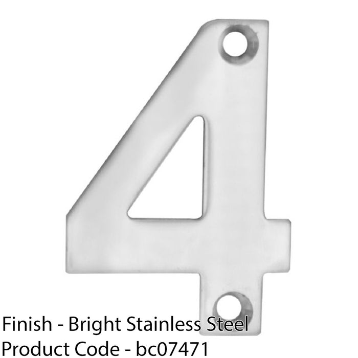 Polished Steel Door Number 4 - Small 50mm Height House Numeral Plaque Sign 1
