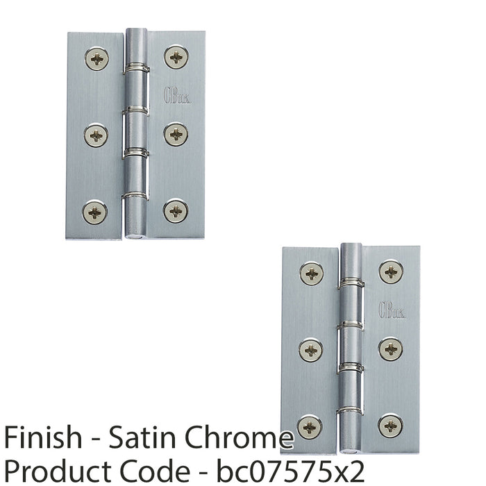 2 PACK PAIR Double Steel Washered Butt Hinge 76 x 50mm Satin Chrome Door Fixing 1