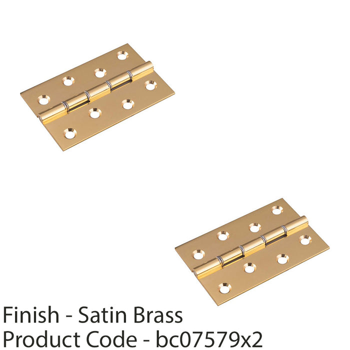 2x PAIR Double Steel Washered Brass Butt Hinge 76 x 50mm Satin Brass Door Fixing 1