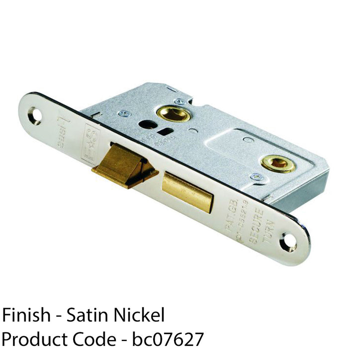 Satin Nickel Locking Bathroom Door Sashlock Latch - Radius Forend 64mm Deep 1