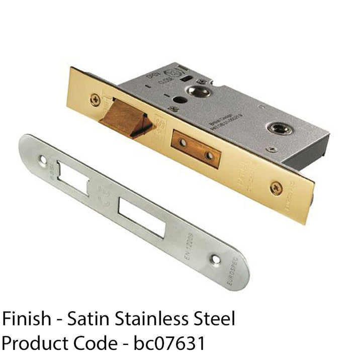 Satin Steel Locking Bathroom Door Sashlock Latch - Radius Forend 76mm Deep 1