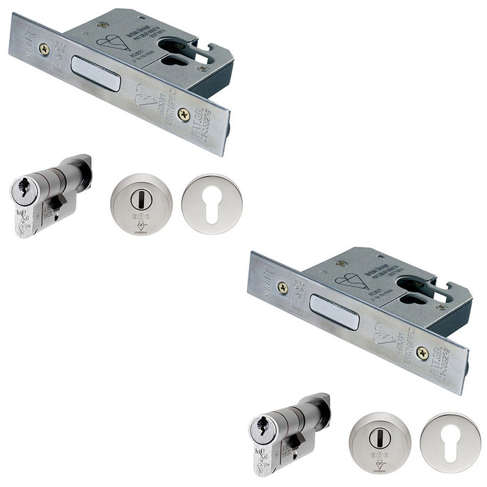 2x 76mm EURO Deadlock & Cylinder Key Thumbturn Kit Satin Steel Door Lock Pack
