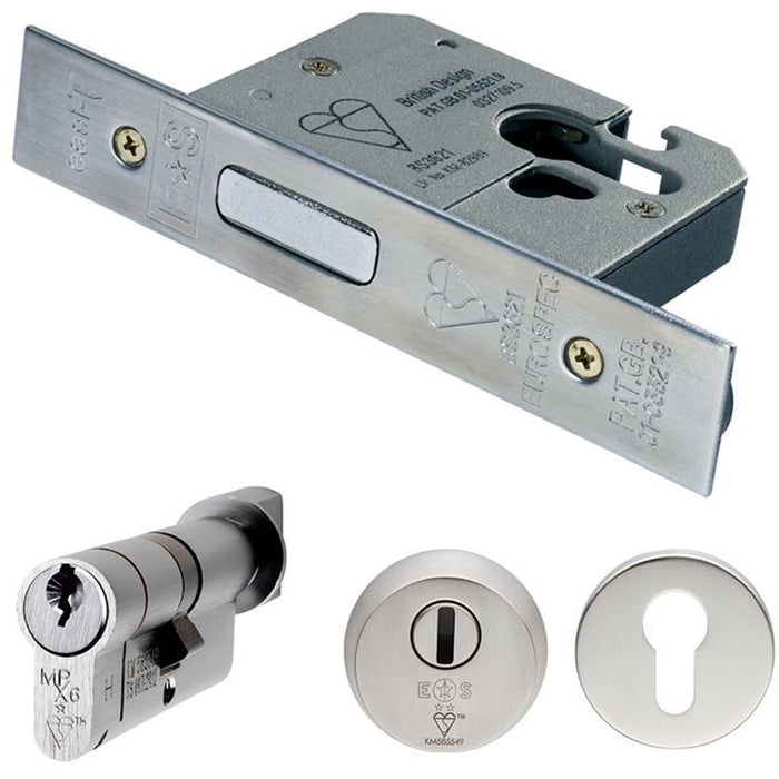 76mm EURO Deadlock & Cylinder Key Thumbturn Kit - Bright Steel Door Lock Pack