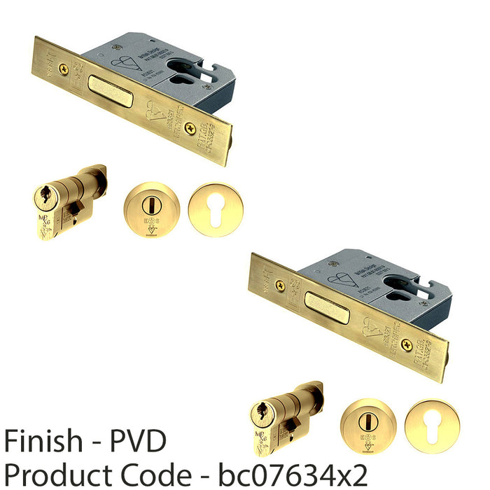 2 PACK 76mm EURO Deadlock & Cylinder Key Thumbturn Kit Polished Brass Door Lock 1
